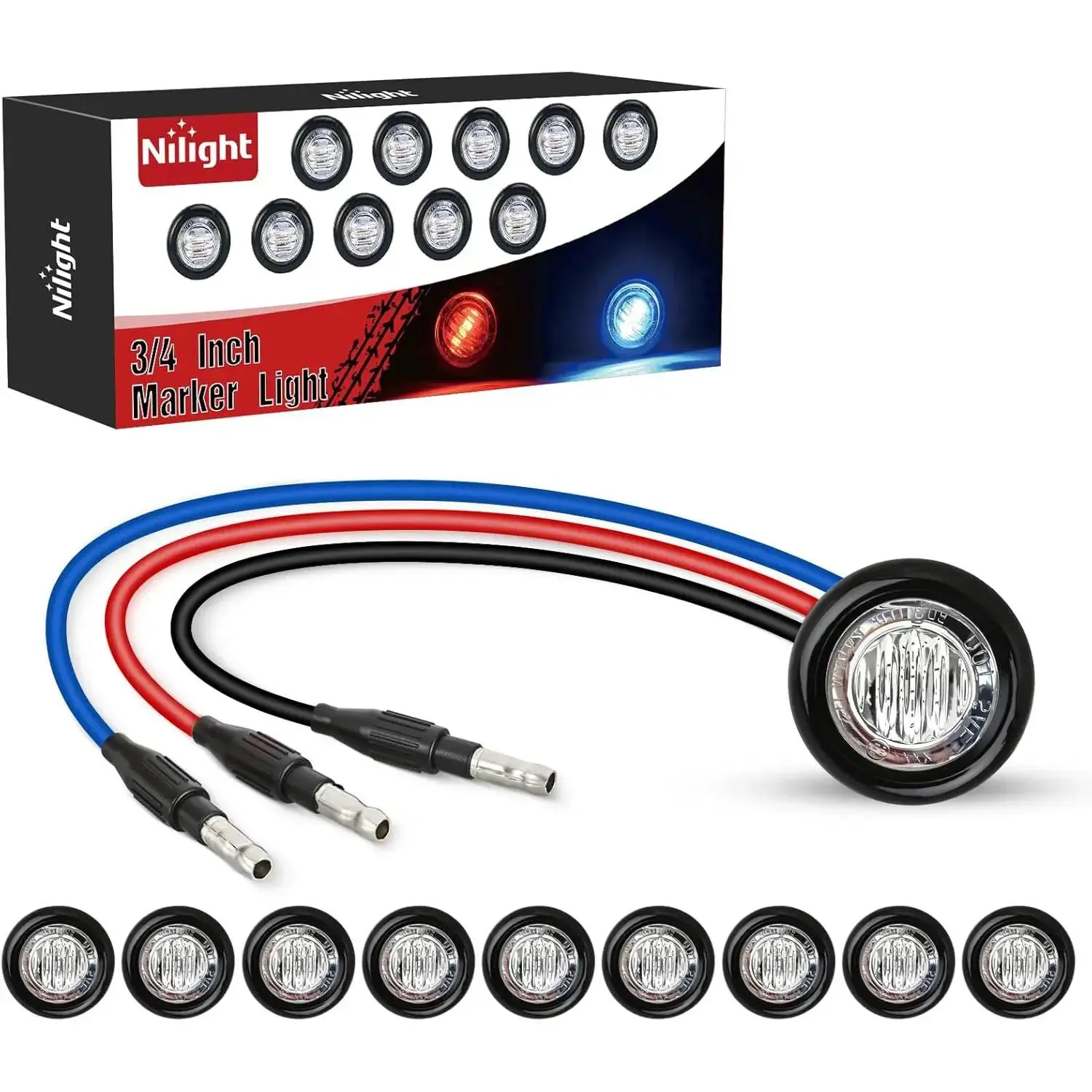 10PCS 3/4 In Dual-Color Bullet LED Trailer Lights, Red-to-Blue Brake Auxiliary Lights with 3-Plug Connector, IP68 Waterproof Semi Truck Accessories for Trailers, Pickups, Wranglers, Boats, Bullet Light