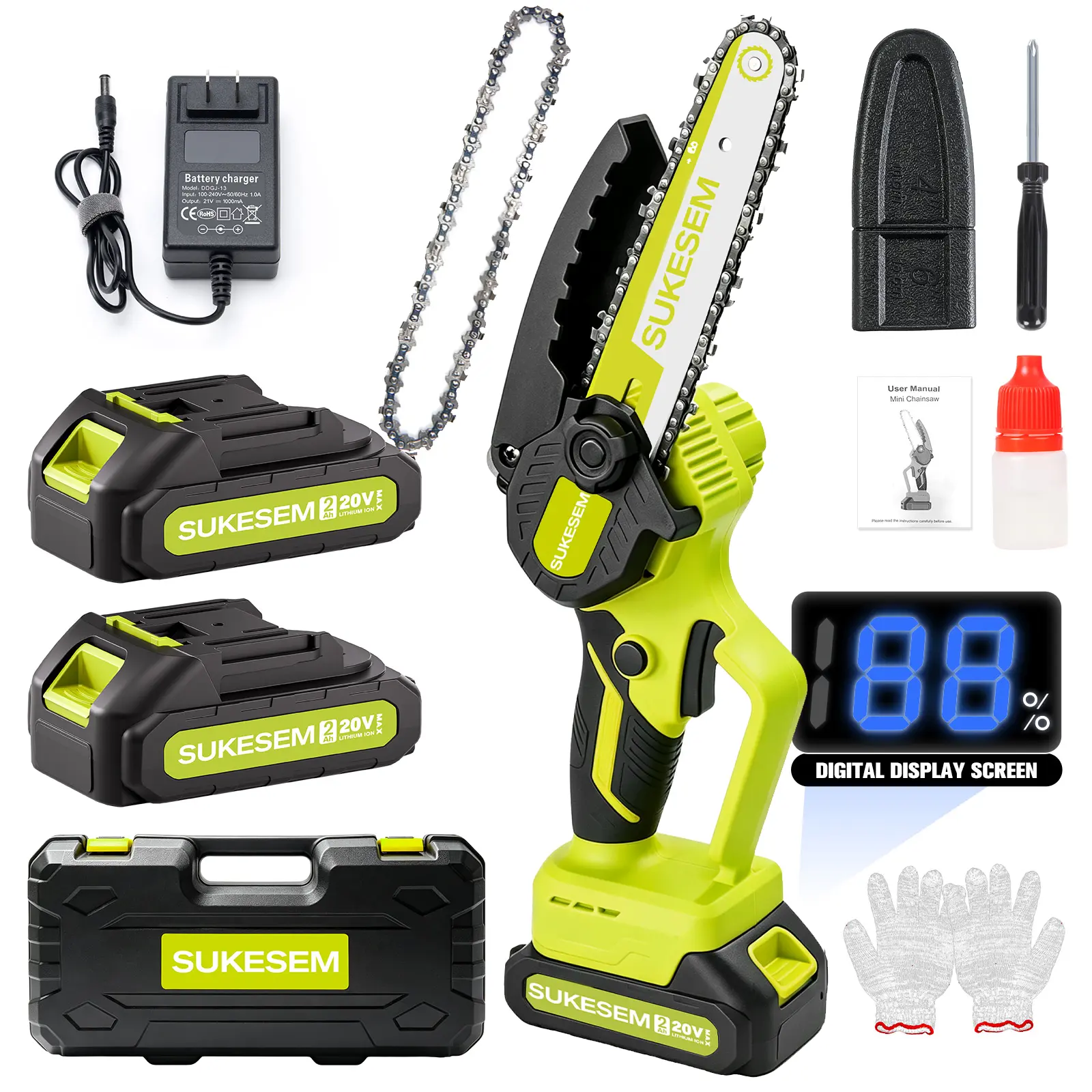 SUKESEM 6-Inch Cordless Mini Chainsaw with Battery Display, One-Hand Electric Chain Saw for Fast Tree Pruning, Branch Cutting, Lightweight Portable Chainsaw for Tree Trimming, Cutting Branches,Yard Cleanup & Garden Work