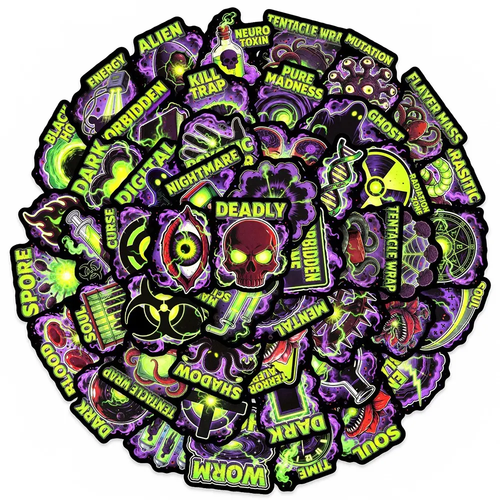 50 Pieces Purple and Green Fluorescent Sci-fi Themed Stickers, Suitable for Scrapbooks, Journals, Laptops, Water Bottles, Cars and More, Ideal Creative Birthday Gifts