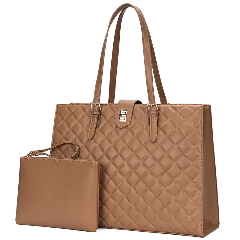 Women's Quilted Vegan Leather Tote Purse - Large Organized PU Leather Business Casual Bag for Office Commuters, with Double Handles, Zipper, Clutch, Elegant Structured Everyday Purse (Fits 13-14" Laptop)