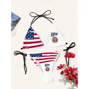 Miller Beer American Flag Triangle Bikini Set, 4th of july Outfit, 2026 Independence Day Gift, Quick-Drying, Summer Beach Outfit, Gift for her
