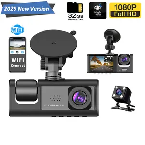 2025 Upgraded 3CH Dash Cam 1080P Triple Front+Inside+Rear with Built-in 32GB | Starlight Night Vision & 24H Parking Monitor | 2" IPS Touchscreen | G-Sensor & Loop Recording
