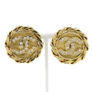 Pre-owned CHANEL Stainless Small Leather Goods Coco Mark Earrings Gold Plated Rhinestone