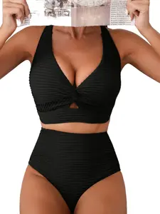 Women's Solid Color Sexy Bikini Set, Hollow Out Twisted Cross Shoulder Straps, High Waisted Swimwear, High Waist Swimsuit, Summer Fashion Trend