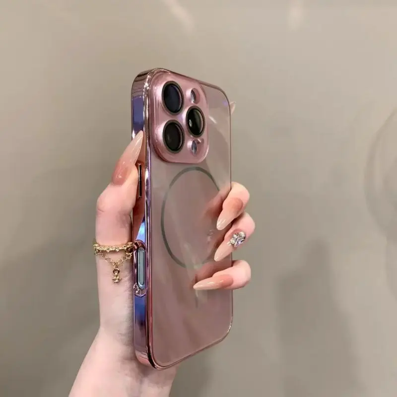 Magnetic Mirror Protective TPU Case for iPhone Series (17/16/15/14/13/12 Max, IP 12 Pro Max) - Rose Pink Multi-Model Smartphone Cover with Camera Lens Shockproof Protection, Durable Warranty, Accessories for Women