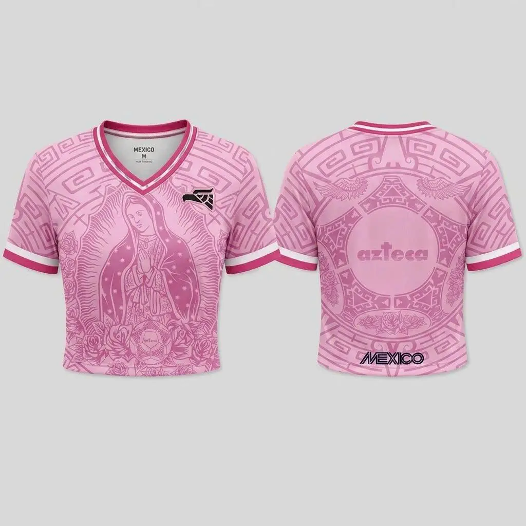Pink Mexico Guadalupe Virgin Mary Graphic Soccer Jersey, Aztec Pattern V-Neck Breathable Performance Unisex Fan Football Shirt, Casual Streetwear Gift (Women's Short Sleeves Sports Top Option)