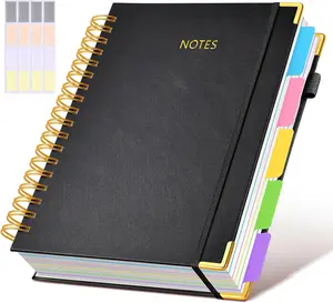 Hardcover Spiral Notebook Journal, 8"x10" Large B5 Notebooks with Removable Dividers Tabs, 300 Pages Leather 5 Subject Notebook College Ruled, Journal for Work School Note, 100 GSM Thick Paper,Black