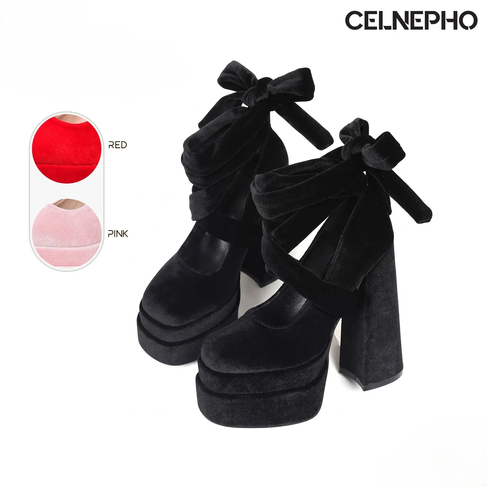 CELNEPHO Platform Heels For Women Square Toe Chunky Block High Heel Ankle Strap Easy Slip on Lace Up Bow Design Mary Janes Pumps Wedding Party Gift Evening Date Casual Graduation Fashionable Dress Shoes