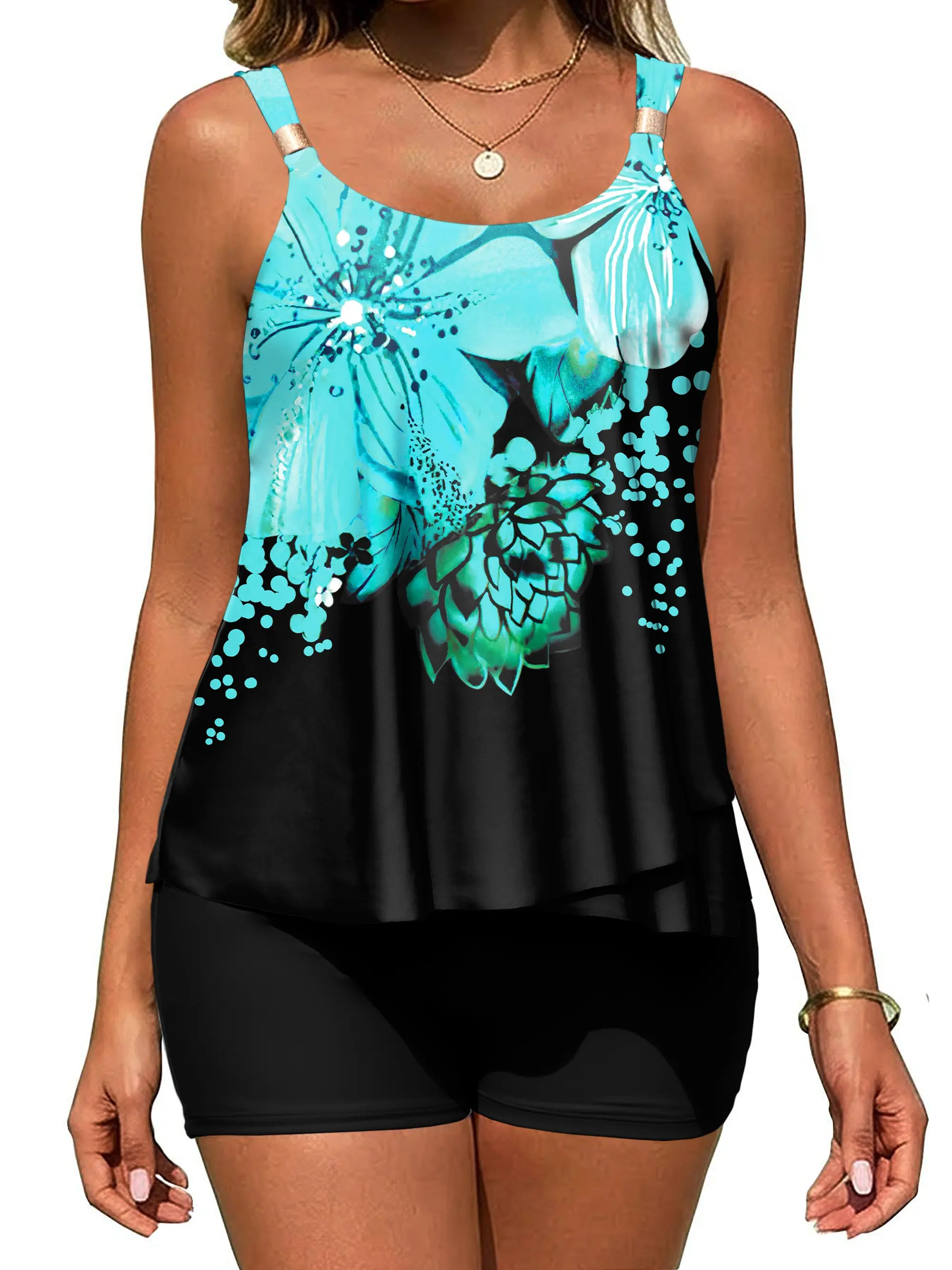 AROLINA Women's 2-Piece Modest Tankini Swimsuit, Flowy Ruffle Top with High-Waisted Bathing Suit Shorts with Pockets, Plus Size S-26W, Two Piece