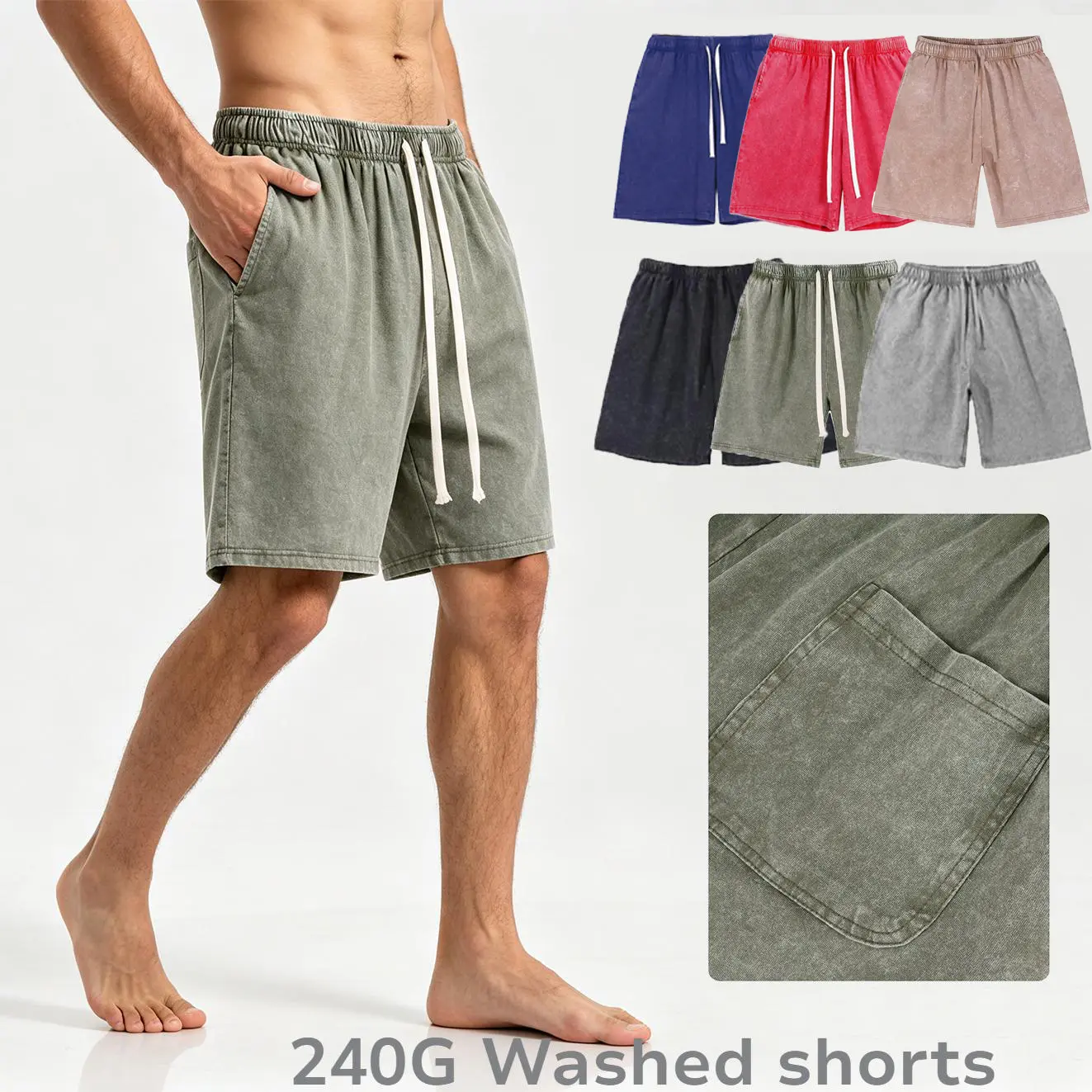 Men Vintage Acid Washed Cotton Casual Shorts, Elastic Drawstring Waist Loose Fit Knee Length Sweat Shorts, Hip Hop Streetwear Basic Five Inch Shorts 6 Colors Available Cotton Sports Shorts Grey Sweat Shorts