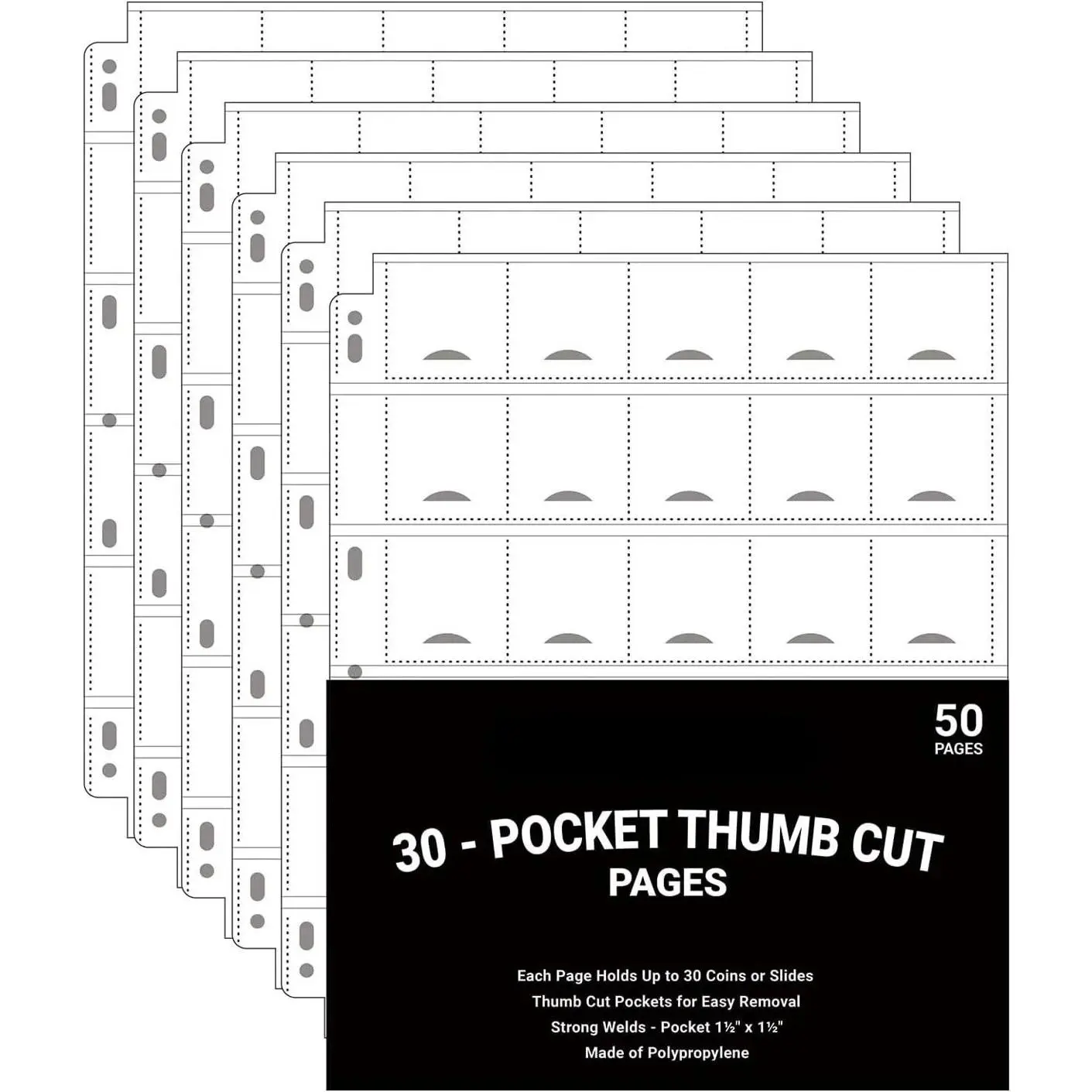 50-Sheets 30-Pocket Thumb-Cut Coin Pages - Coin Pocket Pages for 1.5 x 1.5 Inch Cardboard Coin Holder, Collecting Sleeves for Coin Flips, 1500 Pockets for Coin Binder, Coin Collection Storage Supplies