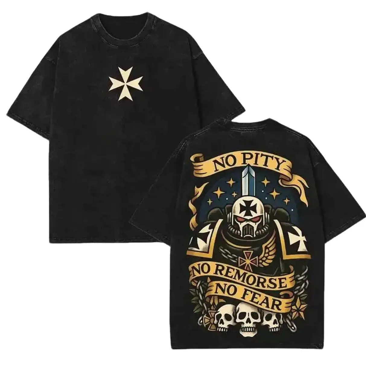 Black Templars "No Pity, No Remorse, No Fear" Tee Warhammer 40k Oversized Washed Vintage Shirt, Hoodies, Sweatshirt–Double-Sided Sci-Fi Graphic T-Shirt Cotton Fabric KNK