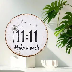 8x8 Inch Round Distressed Metal Tin Sign, Minimalist Dandelion 11:11 Make A Wish Rustic Circular Plaque, Vintage White Worn Edge Bedroom Entryway Wall Decor, Sweet Dreamy Gift For Wish & Nature Lovers