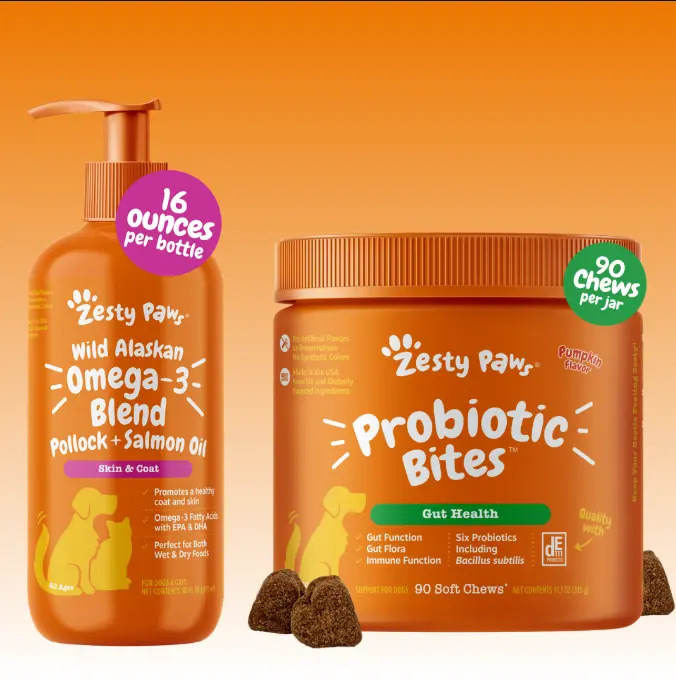 TikTok Exclusive Bundle Zesty Paws Spring Vitality Gut & Skin Duo (16 oz Salmon Oil + 90ct Probiotic Bites) TikTok Exclusive Bundle Zesty Paws Spring Vitality Gut & Skin Duo (16 oz Salmon Oil + 90ct Probiotic Bites)