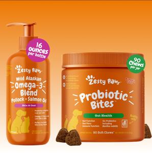 TikTok Exclusive Bundle Zesty Paws Spring Vitality Gut & Skin Duo (16 oz Salmon Oil + 90ct Probiotic Bites)