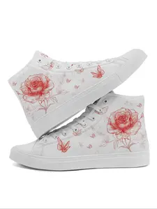 Women's Rose & Butterfly Print Lace Up Front Canvas Shoes, Casual Sneakers, Fashionable Casual Comfortable Sports Shoes for Daily Wear, Female All-match Round Toe Shoes for Daily Wear, Valentine's Day, Gift
