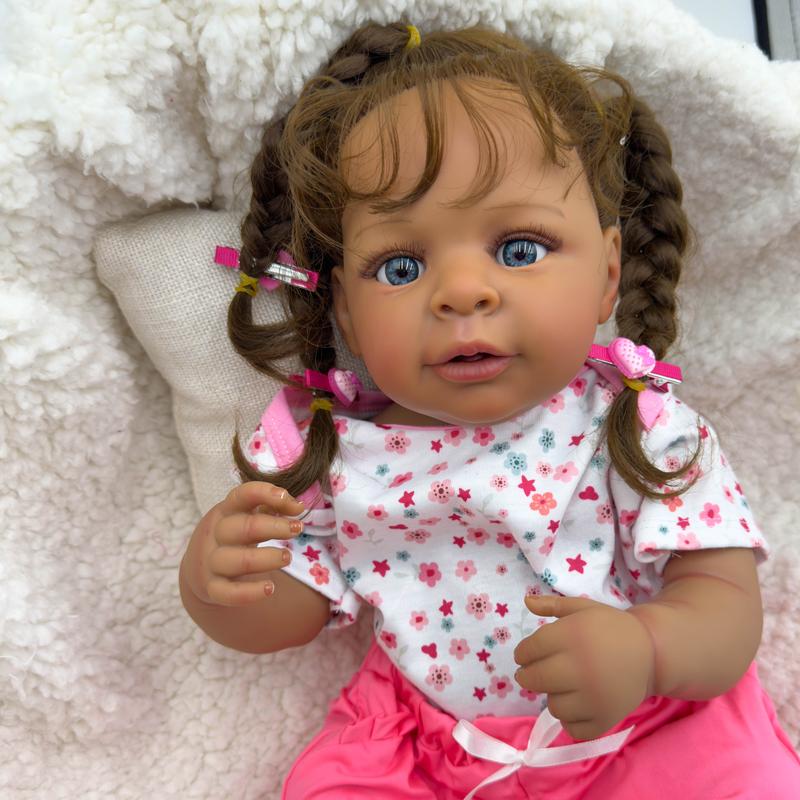 Reborn Baby Doll 23inch Newborn Toddler Dolls African American Soft Silicone Vinyl Dolls Realistic Toddler Child Toy for Kids Age 3+ dark brown baby  doll girl