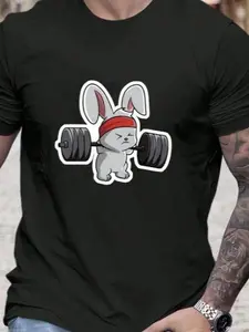 Men's round neck rabbit weightlifting printed T-shirt - Ideal fitness and sports equipment | Short sleeved, comfortable, fashionable for fitness, casual sports, suitable for men, women, mothers and friends, couple style