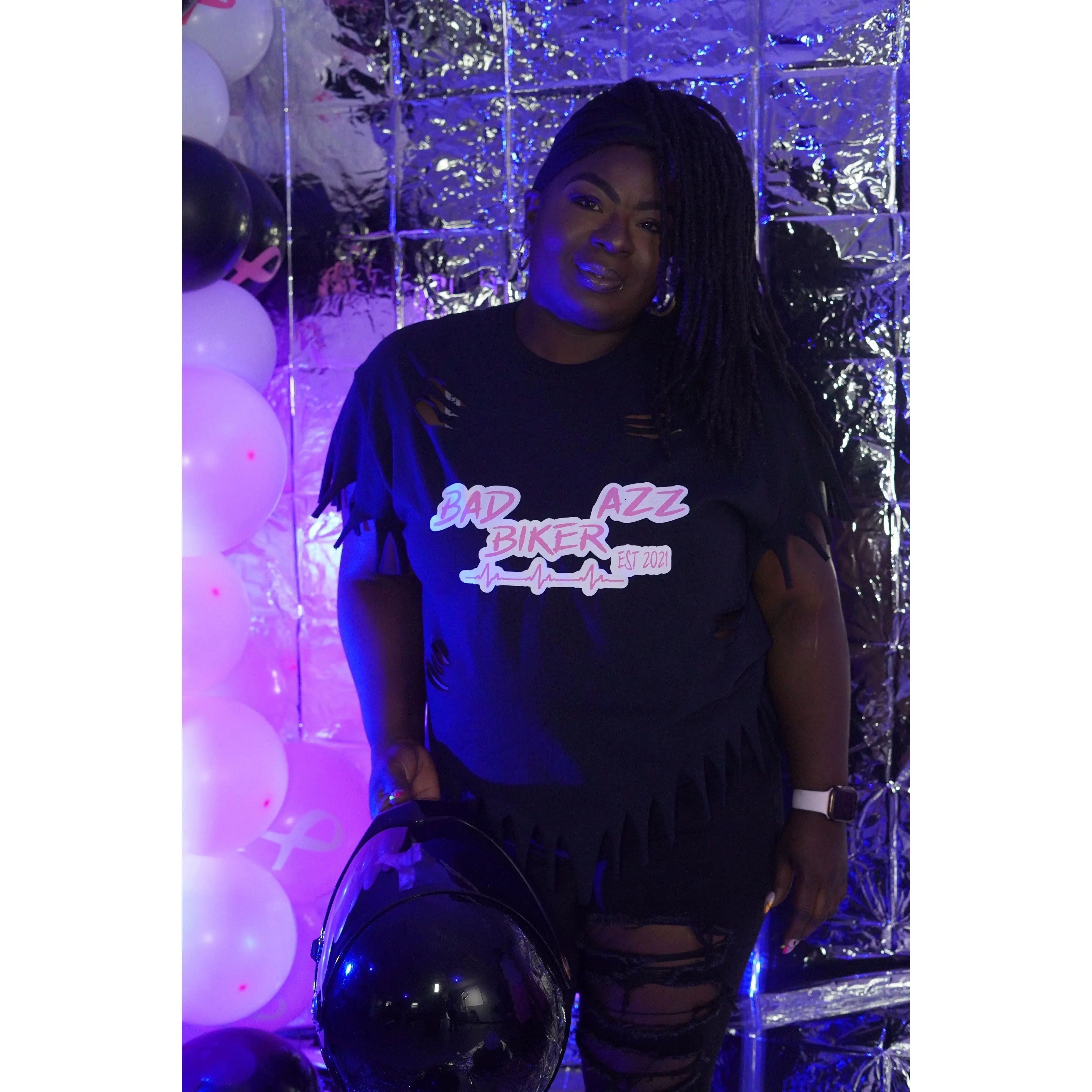 BAD AZZ BIKER "BLACK ROSE" GLOW- IN-DARK DISTRESSED FRINGE TEE SHIRT.