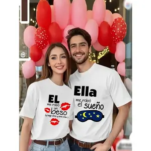His and Hers Couple T-Shirt | Humorous Spanish Love Quotes and Cartoon Print, Slim Fit Round Neck Short Sleeve, Machine Washable, Spring Summer Casual Wear, Romantic Couple Gift Matching Tshirt Cotton