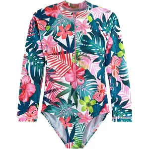 Kids Girls Rash Guard Long Sleeve One Piece Swimsuits Zipper Bathing Suits UPF 50+ Tropical Plant Flowers Ages 3-12