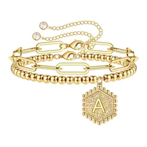 gold-plated Beaded Bracelets for Women, Stackable gold-plated Bracelets for Women Men Stretch Bead Ball Bracelet with Letter Pendant