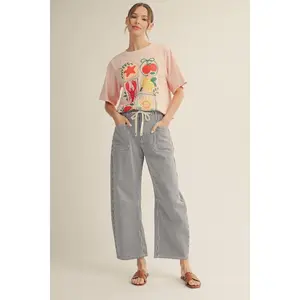 Jodifl Drawstring Striped Pattern Barrel Leg Jeans