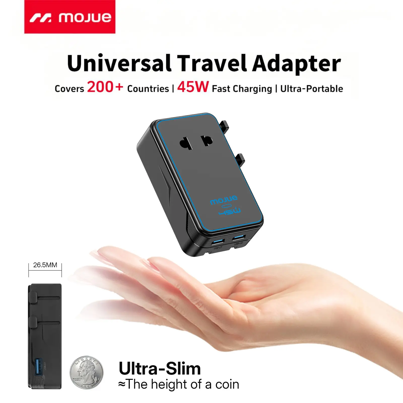 MOJUE Universal Travel Adapter, 4-Port Power Adapter with 1× 2-Pin AC, 1 USB A, 2 USB C for 20W, Smart Temperature Control, Works in 200+ Countries, Not a Voltage Converter, Travel Essentials (1-Pack) Multifunctional Charger
