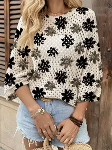Spring Summer Women's Hollow Out Batwing Sleeve Knitted Casual Top, Colorblock Floral Print, Casual Elegant Commuter Wear, Boho Beach Cover-Up, Boho Casual Jumper, Knitwear, Womenswear