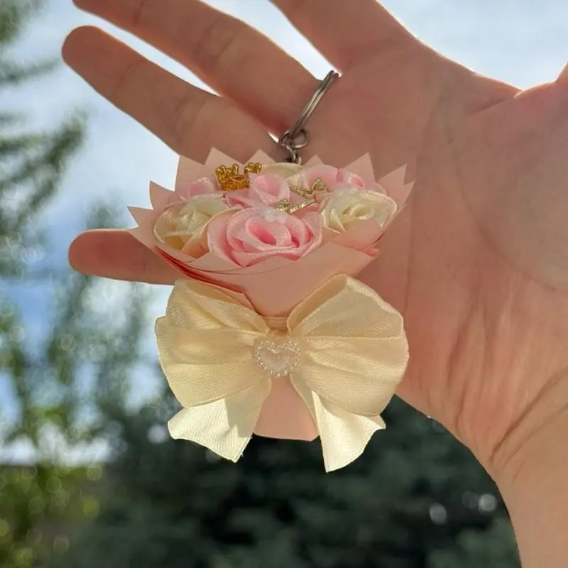 Handmade Pink and Cream Eternal Rose Keychain - Compact, Practical, Stylish Keychain with Split Ring, Mini Bouquet Keepsake Gift
