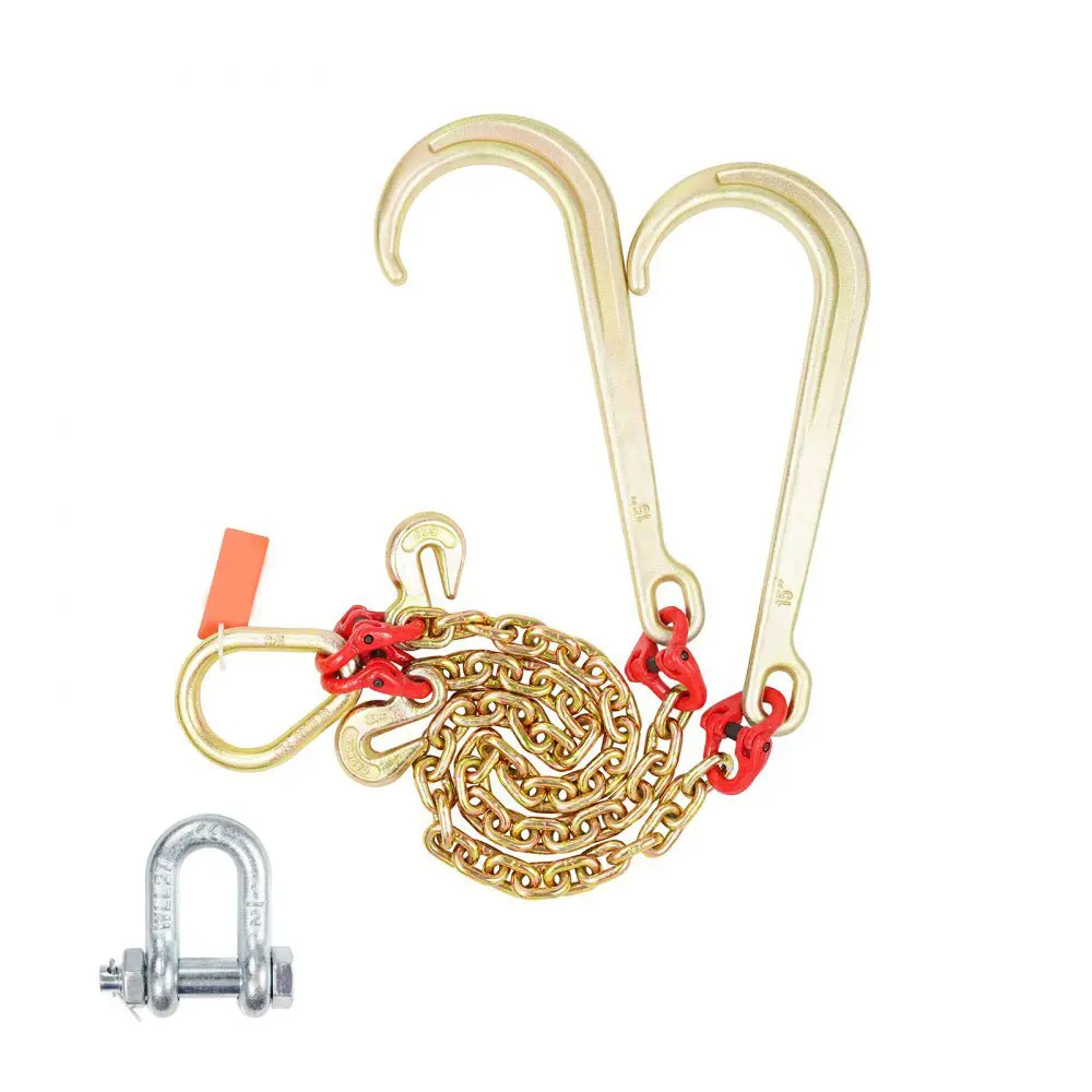 G80 V Bridle Chain, 5/16" x 2' Towing Chain Bridle with 15" J Hooks and Grab Hooks, Heavy Duty Transport Tow Chain Bridle with 10800 lbs Safe Working Load for Flatbed Truck Wrecker Recovery