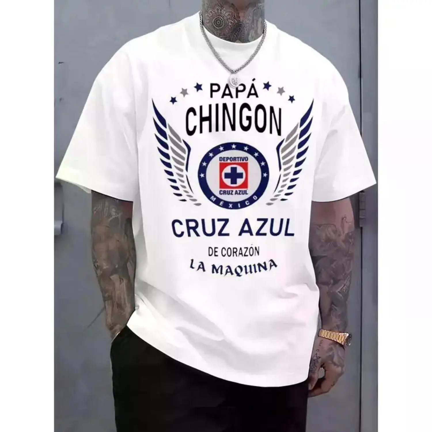 Cruz Azul "Papa Chingon" Graphic Tee - Premium Cotton Men's Soccer T-Shirt, Casual Summer Streetwear, Perfect Gift for Soccer Dads, Oversized Father's Day Top Christmas Menswear