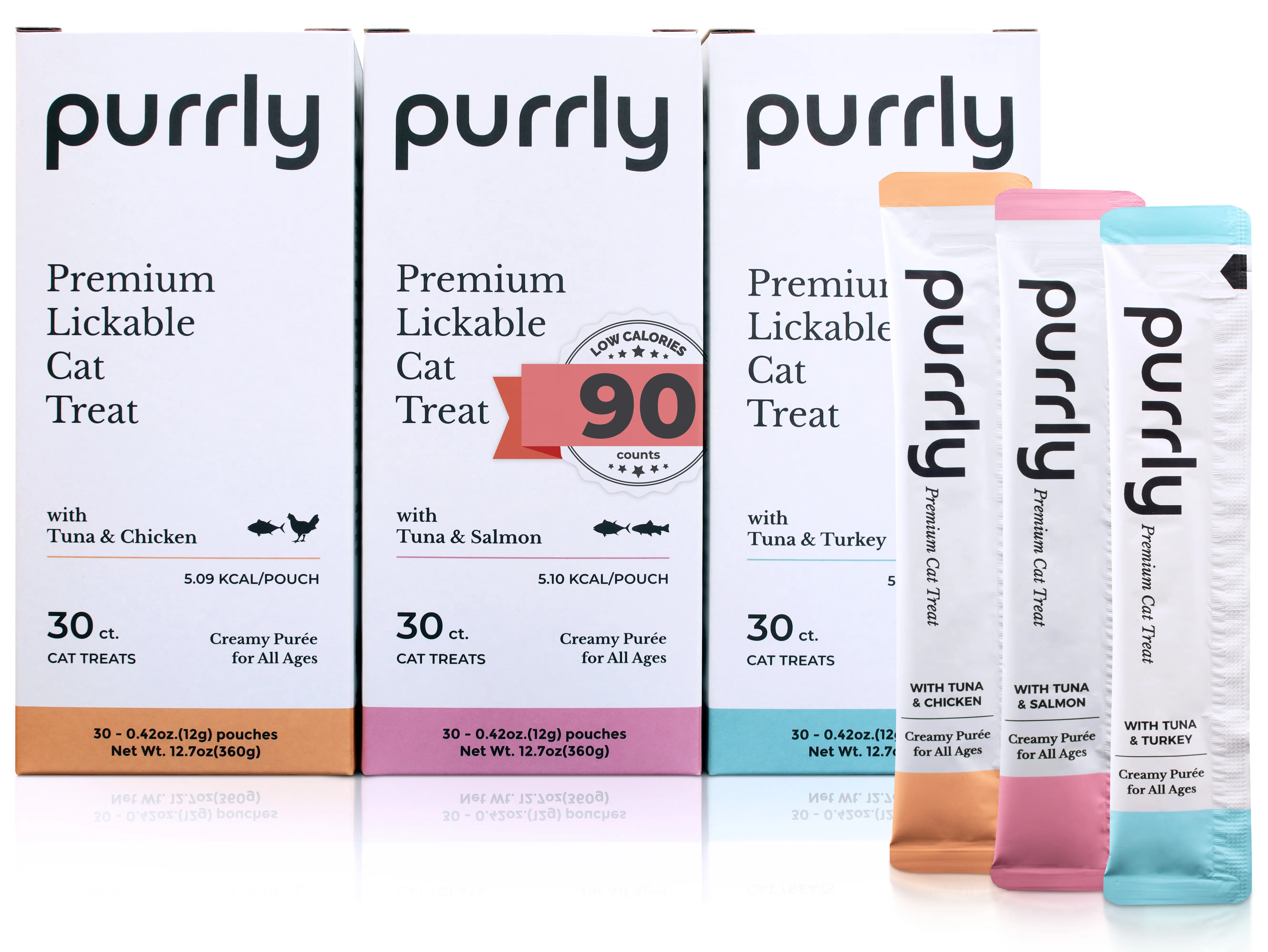 Purrly Healthy Premium Cat Treats Snack Topper Tuna Variety Bundle (90 Count) Lickable Wet Squeezable Hydrating Interactive Seafood Grain-Free Naturally Flavored Non-GMO No-Preservative Prebiotics Digestive Omega 3&6 Skin & Coat L-Lysine Immunity
