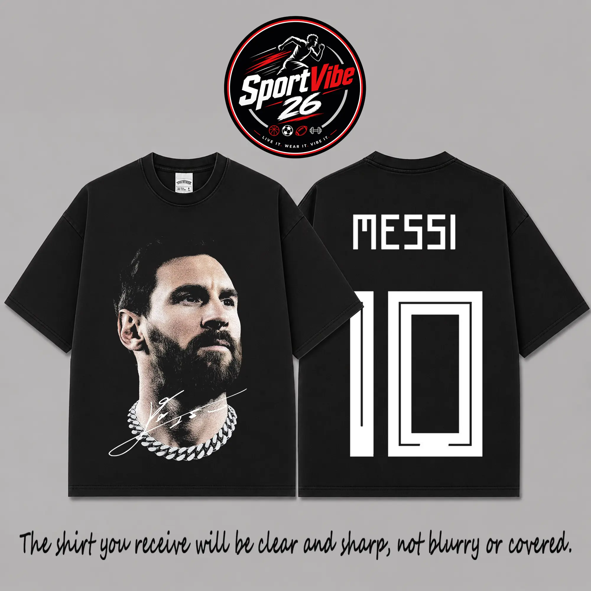 Lionel Messi #10 Iconic Portrait Premium 100% Cotton T-Shirt, Argentina Soccer Legend Front Back Print Apparel, Minimal Football Streetwear Tee, Special Gift for Messi Fans