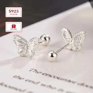 Charming 925 Sterling Silver 2pcs Double Layer Butterfly Stud Earrings - Adorable Japanese and Korean Style, Screw Back, Daily Wear Fashion Jewelry, Approx 1.14g magnetic earrings non tarnish jewelry earrings for women earring stacking set