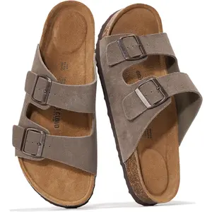 Genuine Leather Mens Sandals with Memory Foam Natural Cork Footbed Slides for Men Footwear - Non-Slip Double-Strap Buckle Summer Sandals (Arizona)