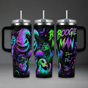 Oogie Boogie "Boogie Man" Tumbler, Halloween 40oz Cup with Handle & 20oz Travel Mug. Movie Fan Gift, Nightmare Before Christmas Inspired Insulated Tumbler Featuring Neon Glow Dare to Play Graphic Design.