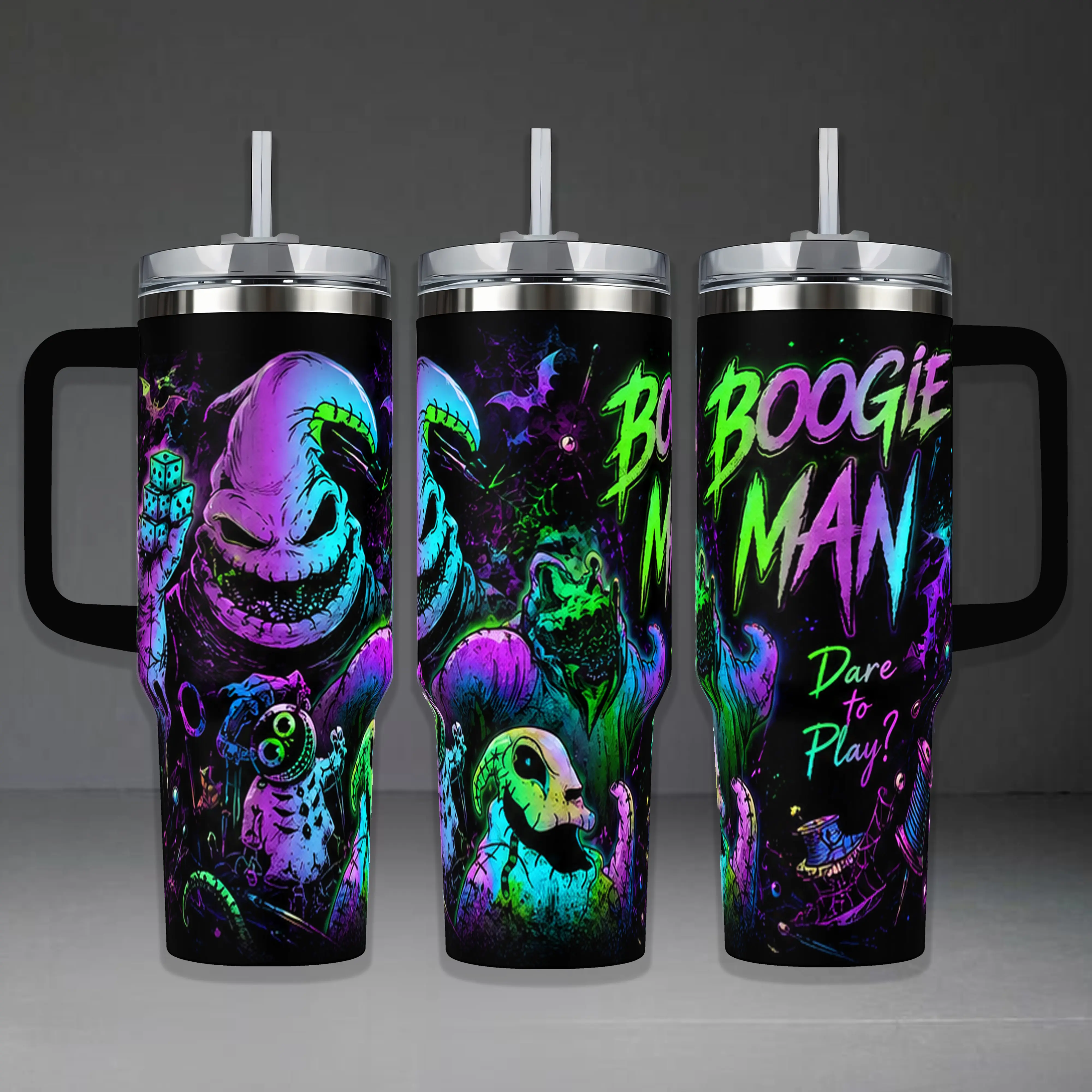 Oogie Boogie "Boogie Man" Tumbler, Halloween 40oz Cup with Handle & 20oz Travel Mug. Movie Fan Gift, Nightmare Before Christmas Inspired Insulated Tumbler Featuring Neon Glow Dare to Play Graphic Design.