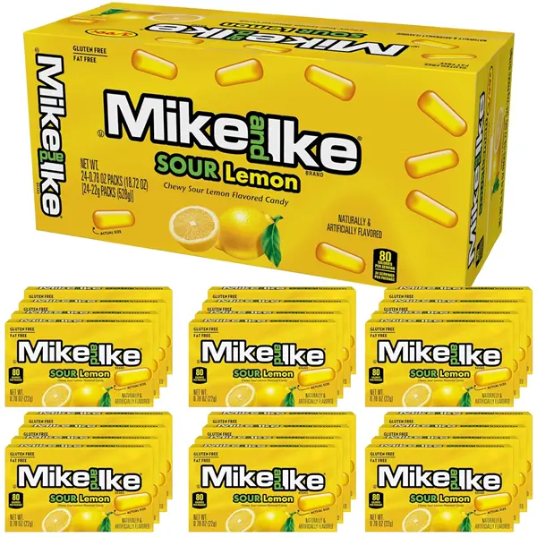 MIKE AND IKE Sour Lemon Chewy Fruit Candy Variety, 0.78 oz Box (Pack of 24), Sugar-Sweetened Low-Fat Natural Fruit-Flavored Yellow Vending Machine Snacks with Strawberry & Corn Notes