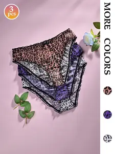 3-Piece Leopard Mesh Triangle Panties, Sexy Wild Girl Style, Aesthetic, Wooden Trim & Bow Details, Soft and Versatile for Dating and Commuting
