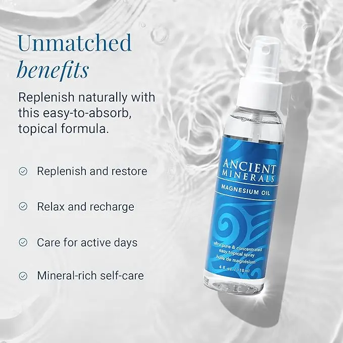 Ancient Minerals Magnesium Oil Spray (4 fl oz) - Stress Relief, Muscle Recovery, Pure Magnesium Chloride to Absorb - Convenient Body Care Cosmetic