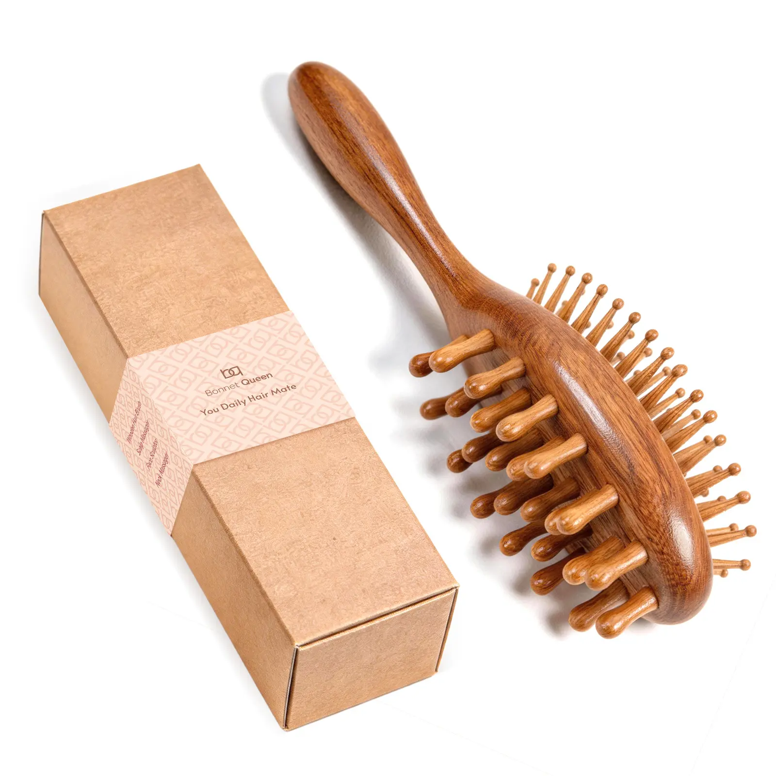 BONNET QUEEN Double-Sided Anti-Static Wooden Bamboo Hairbrush & Scalp Massager - Eco-Friendly Home Spa Tool for Thick Hair, Sandalwood Cushioned Nylon Bristles, Anti-Frizz Detangler, Dry Brushing Guide Included, Anti Static Hairbrush