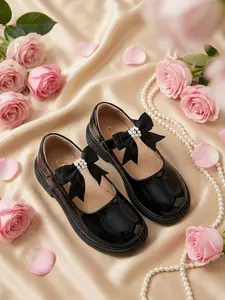 Girls' PU Leather Mary Jane Shoes, Bow Decorated Shoes, Bow Design, Soft Sole, Easy Wear & Remove, Princess Style, All Seasons, Soft Sole Flats, Bowknot Design Flats