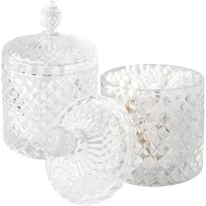 2 Pack Thick Glass Apothecary Jars with Lid for Bathroom Decor Storage Organizer for Cotton Swabs Balls Pads Floss Picks Candy Jewelry Clear