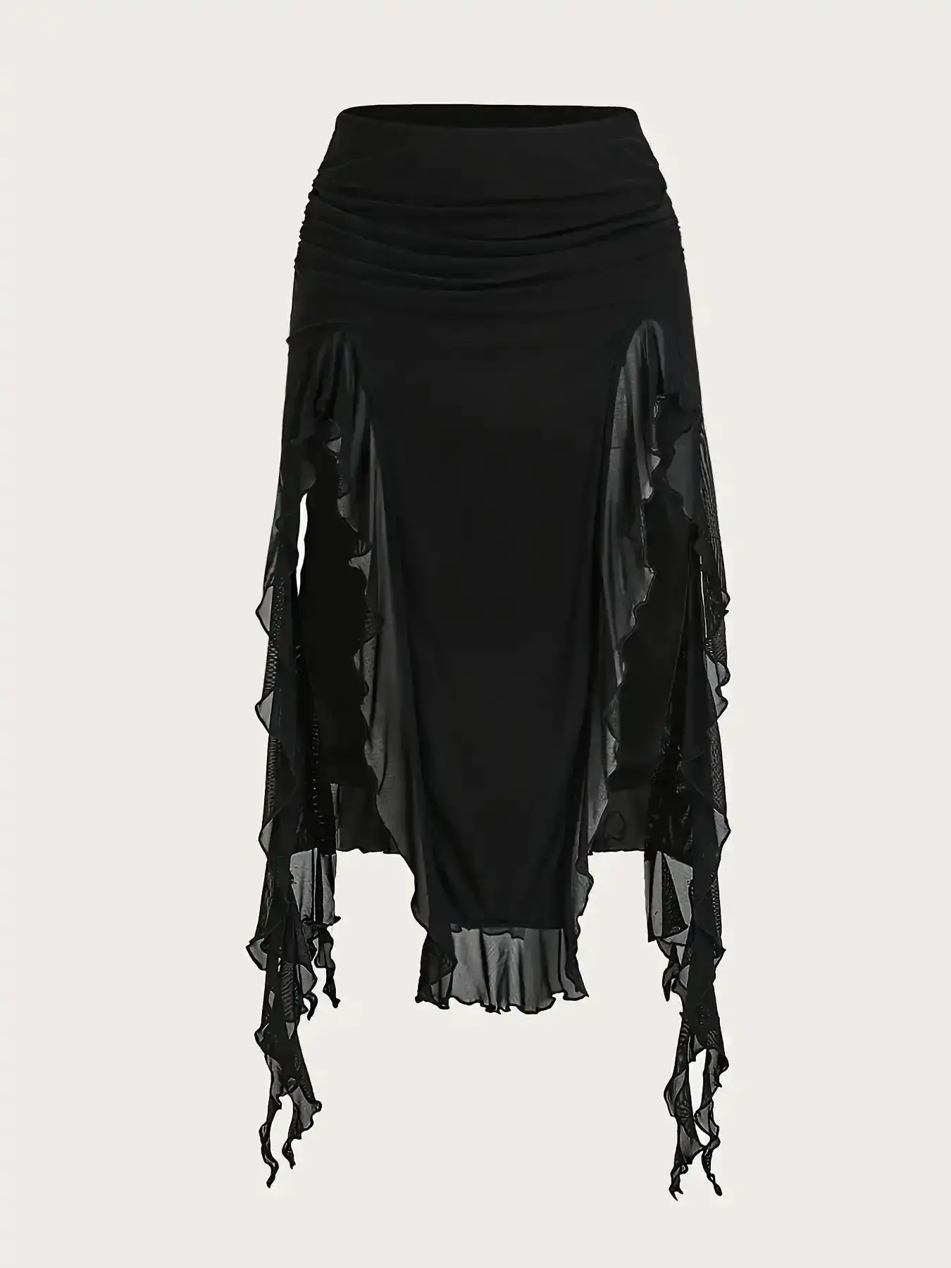 Women's Sexy Asymmetrical Ruffle Knit Fitted Stretchable Skirt, Mid-length Low Waist Elastic Dress, All Seasons Wear, Stretch Skirts, Womenswear, Elegant, Formal, Versatile, Comfort, Style, Outfit, Essential