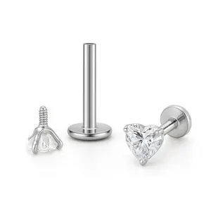 Small Heart Solitaire Flat Back Stud Earrings Body Piercings by Ginger Lyne 2 Sets 3mm CZ Stainless Steel 16g 6mm and 8mm Lengths