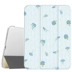 Slim Stand Tablet Case with Soft Translucent Frosted Back, Pencil Holder, Magnetic Casing, Blue Flowers Design for iPad A16 2025/Air 6/Mini 6, Samsung Galaxy Tab S9 - Protection Accessories