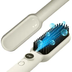 Hair Straightener Brush for Women, Electric Heated Comb, Straightening Hot Comb with 5 Temperature Settings & LED Display, 30s Fast Heating & Dual Voltage, White
