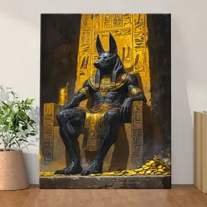 Egyptian Motif Anubis Character Art Framed Wall Art - Golden Throne Design, Pine Wood Frame, Artistic Decoration, Modern Home Decor for Living Room, Office