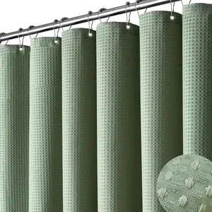 Green Shower Curtain - Waffle Textured Heavy Duty Thick Fabric Shower Curtains for Bathroom, 256GSM Luxury Weighted Polyester Cloth Bath Curtain Set with 12 Plastic Hooks，72Wx72H
